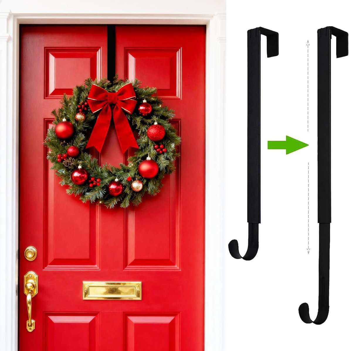 Wreath hanger - 1 piece - Christmas wreath hanger - adjustable from 38 to 65 cm - Wreath hanger for front door - Hooks - door hanger - hanging Christmas wreaths - for door for Christmas wreaths, decorations and hook - black