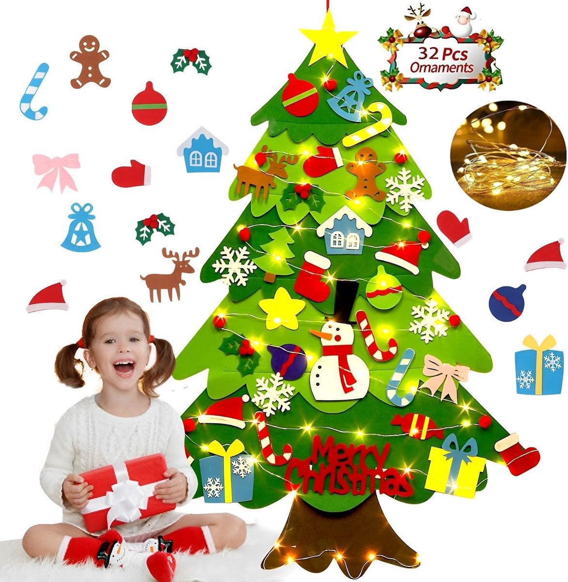 Felt Christmas tree - Christmas tree with lights - Felt Christmas tree for children incl. 32 ornaments - children's gift with string lights - Safe Felt DIY Tree - children's Christmas DIY wall hanging - Christmas Decoration Set - Christmas tree proje