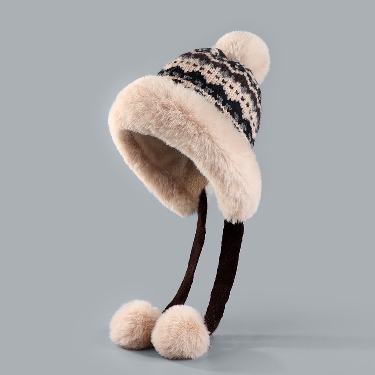 Hat - Thick wool knitted women's hat - Women's winter hat - Winter hat with pompoms - Warm wool lining - Aviator hat with earflaps - Christmas gift - Birthday gift (coffee color)