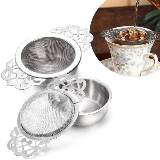 Tea Strainer - 2-piece set - Stainless steel tea infuser - Tea steeper with handle and drip cup - 6.5 cm - Mesh tea filter