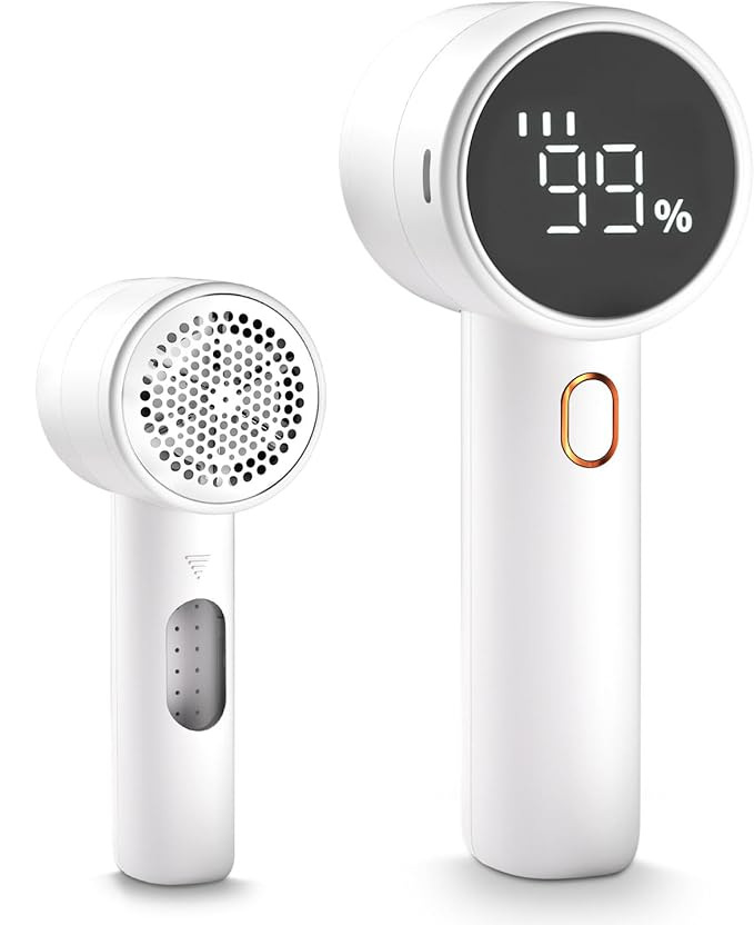 Rechargeable Electric Lint Remover with LED Display and 3 Speeds, Fabric Shaver for Jumpers, Blankets and Upholstery, White