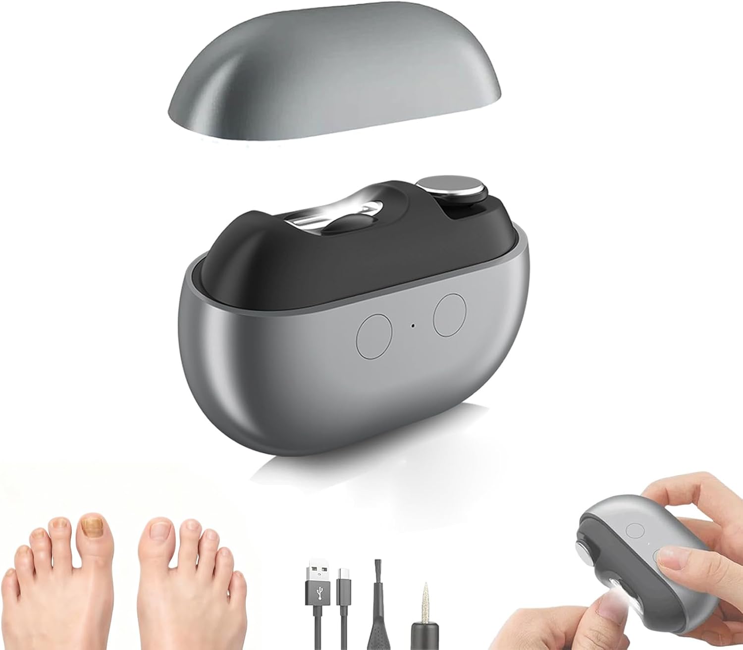 Electric Nail Clipper with LED Light for Seniors and Thick Nails, Automatic Fingernail Trimmer for Safe, Easy Home Nail Care, Grey