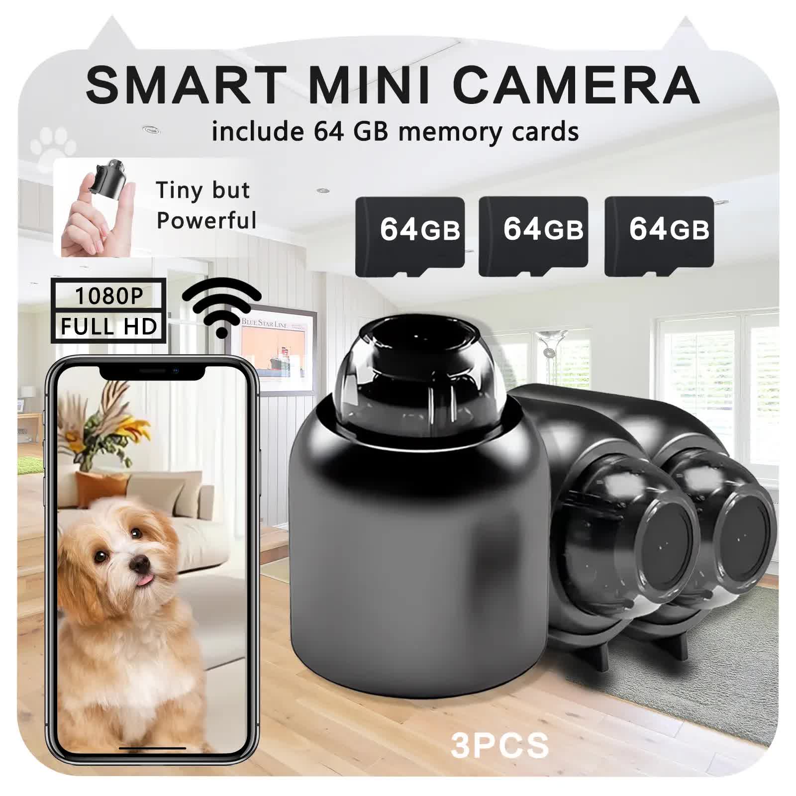 3pcs Mini Wireless Surveillance Camera with 2.4G WiFi, HD 1080P, Supports 64GB Cards, Night Vision, Audio, USB Power, Remote View, Wide-angle, Easy To Carry, for Home, Pet, Bedroom, Black Fridays.（Optional monitoring card set）