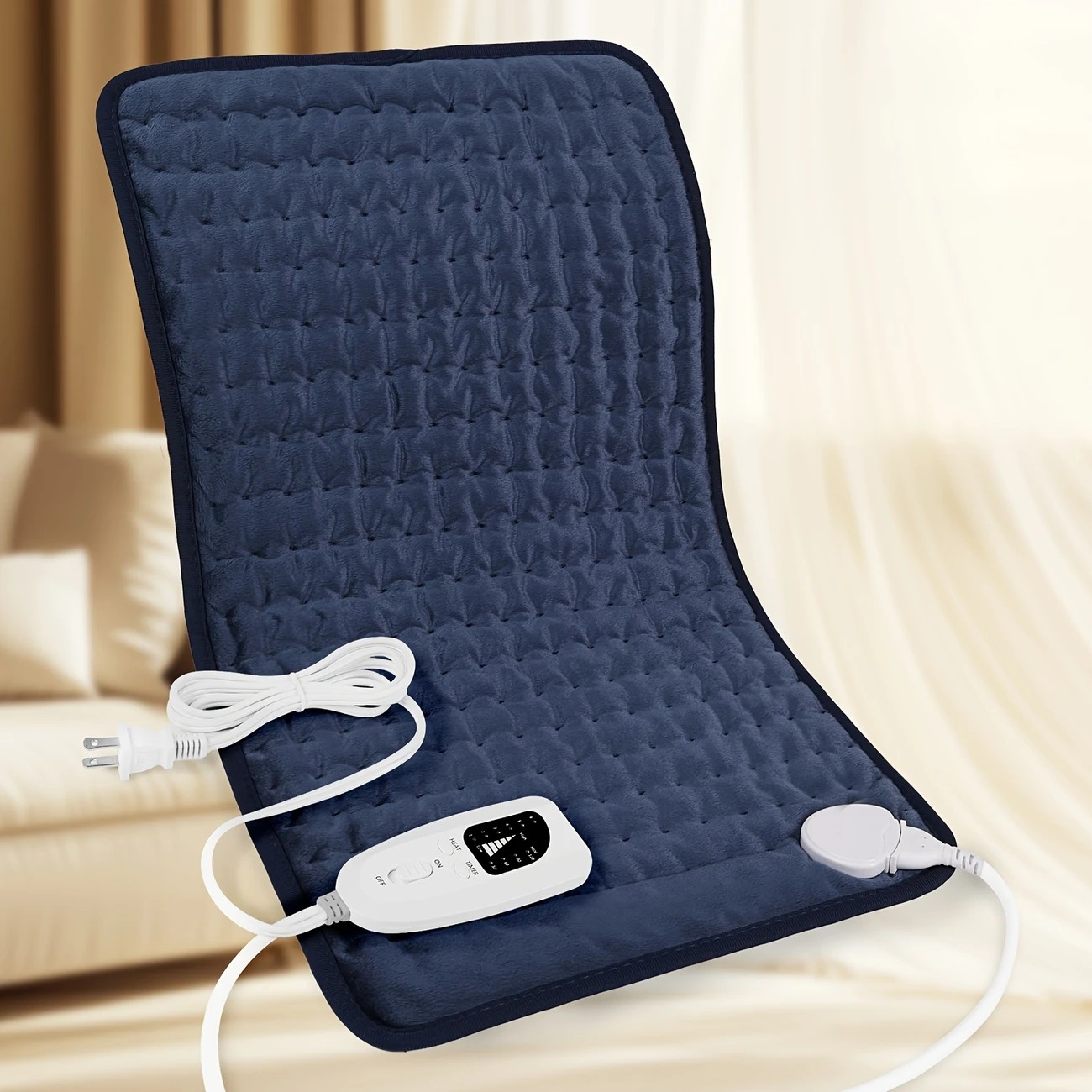Dark blue This large heating pad (24" x 12") features 6 temperature levels and 4 timer settings, with rapid heating and auto-off functions. It is portable, machine-washable, and suitable for the neck, back, legs, abdomen, and knees—an ideal gift for