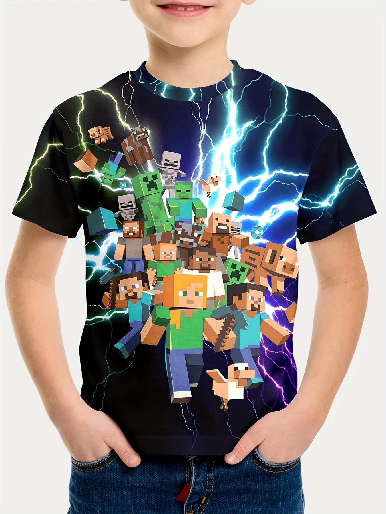 Minecraft T-shirt for boys and girls, cute pattern design, cartoon print, round neck, funny short sleeve top, casual spring summer children G 130cm