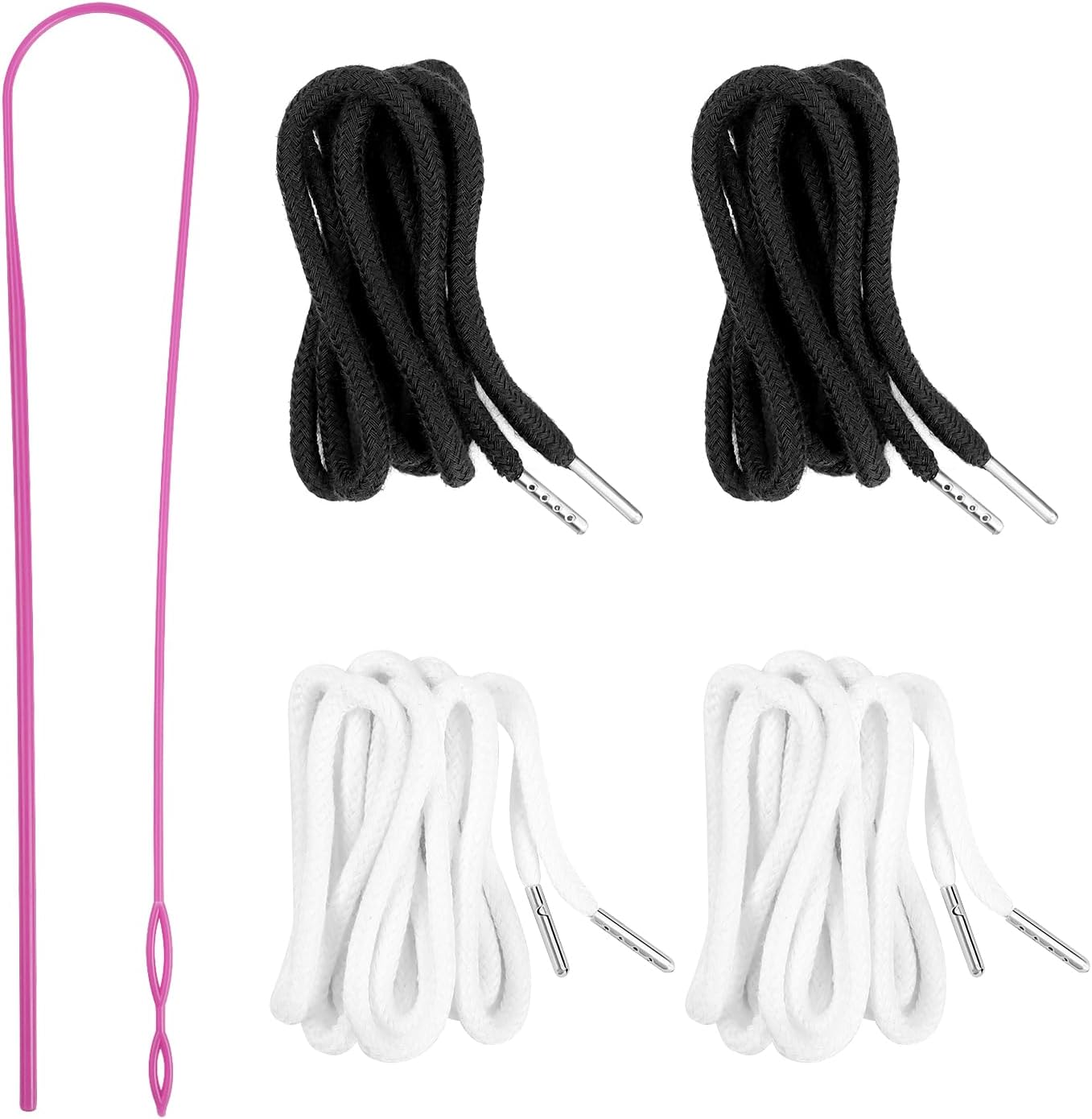 4Pcs Drawstring Cords with 1 Threader Tool, 51 Inch Replacement Drawstring for Sweatpants Jackets Swim Trunks Pants Shorts Hoodies (2 Black, 2 White, 51 inches)