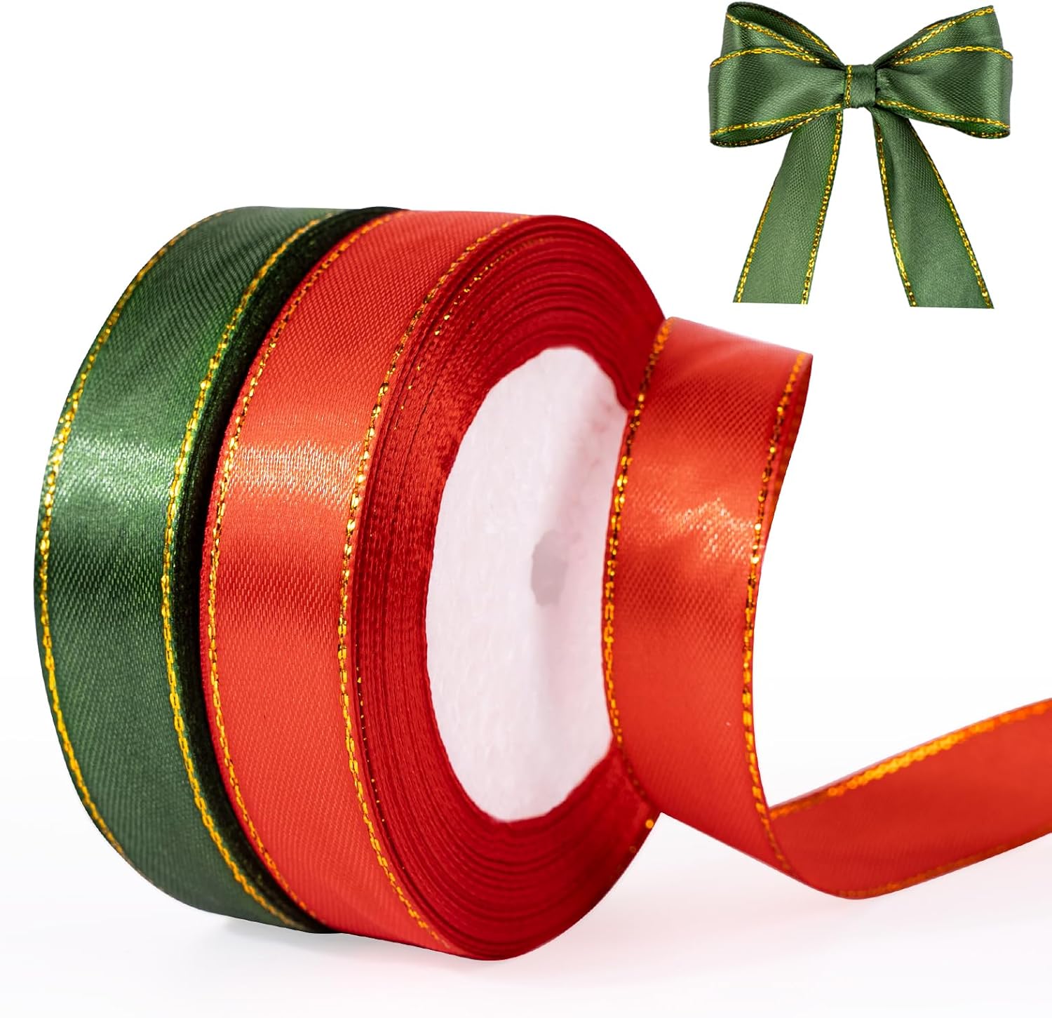 Christmas Ribbon 3/4 Inch x 50 Yards Gift Ribbon, Red and Green Polyester Satin Ribbon with Gold Edge for Holiday Present Package, Wedding Gift Wrapping, Handmade Crafts, Xmas Decoration