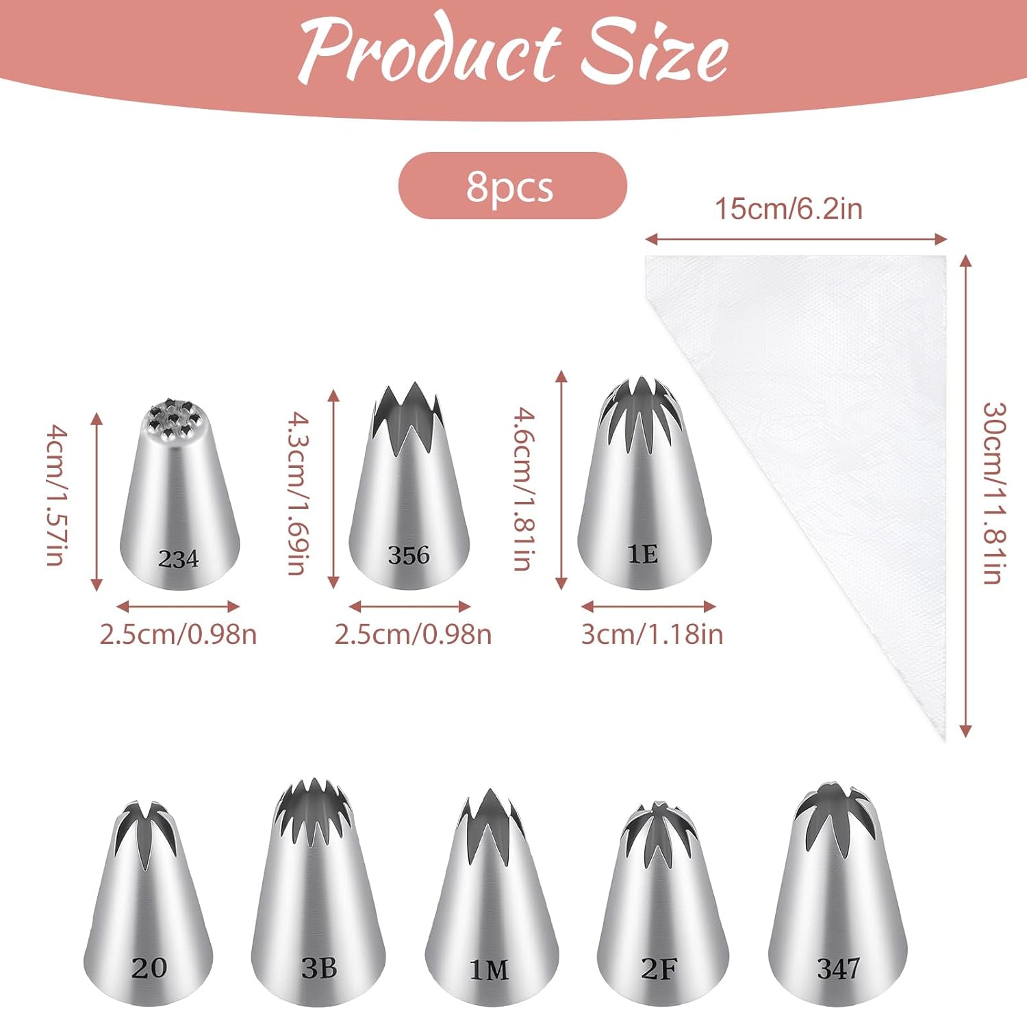 8 Pcs Large Piping Tips Set, Stainless Steel Cake Decorating Tips Set with 10pcs Piping Bag Pastry Cake Decorating Tip Baking Tools for Baking Cupcakes Decoration