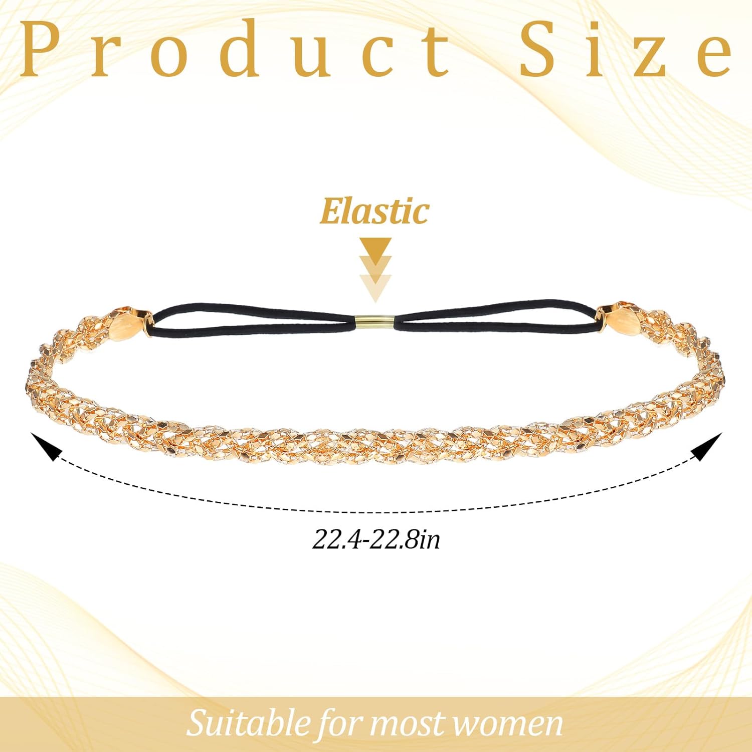 Xindojuz Gold Elastic Rhinestone Headband, 19" Adjustable 70s Headband Sparkly Crystal Disco Braid Headpiece for Women Girls Hair Accessories Singing Dancing Weddings Party Prom(Gold)