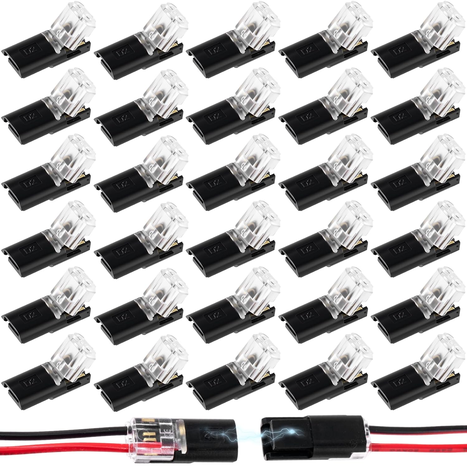60pcs Quick Clip Double Wire Connector, Low-Voltage Plug-in Wire Connectors with Locking Buckle, 2 Pin Quick Clip Fasteners Snap on Blocks for 18-22AWG Cable DIY Crafts LED Strips- Black