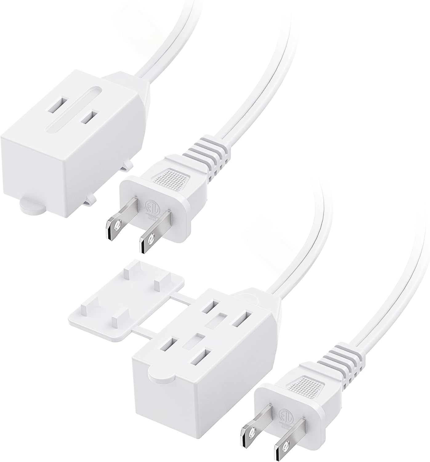 [ETL Listed] 2-Pack 16 AWG 2 Prong Extension Cord 6 ft, 13A 3-Outlet Extension Cords with Tamper Guard, 13 Amp, 1625 Watts, White