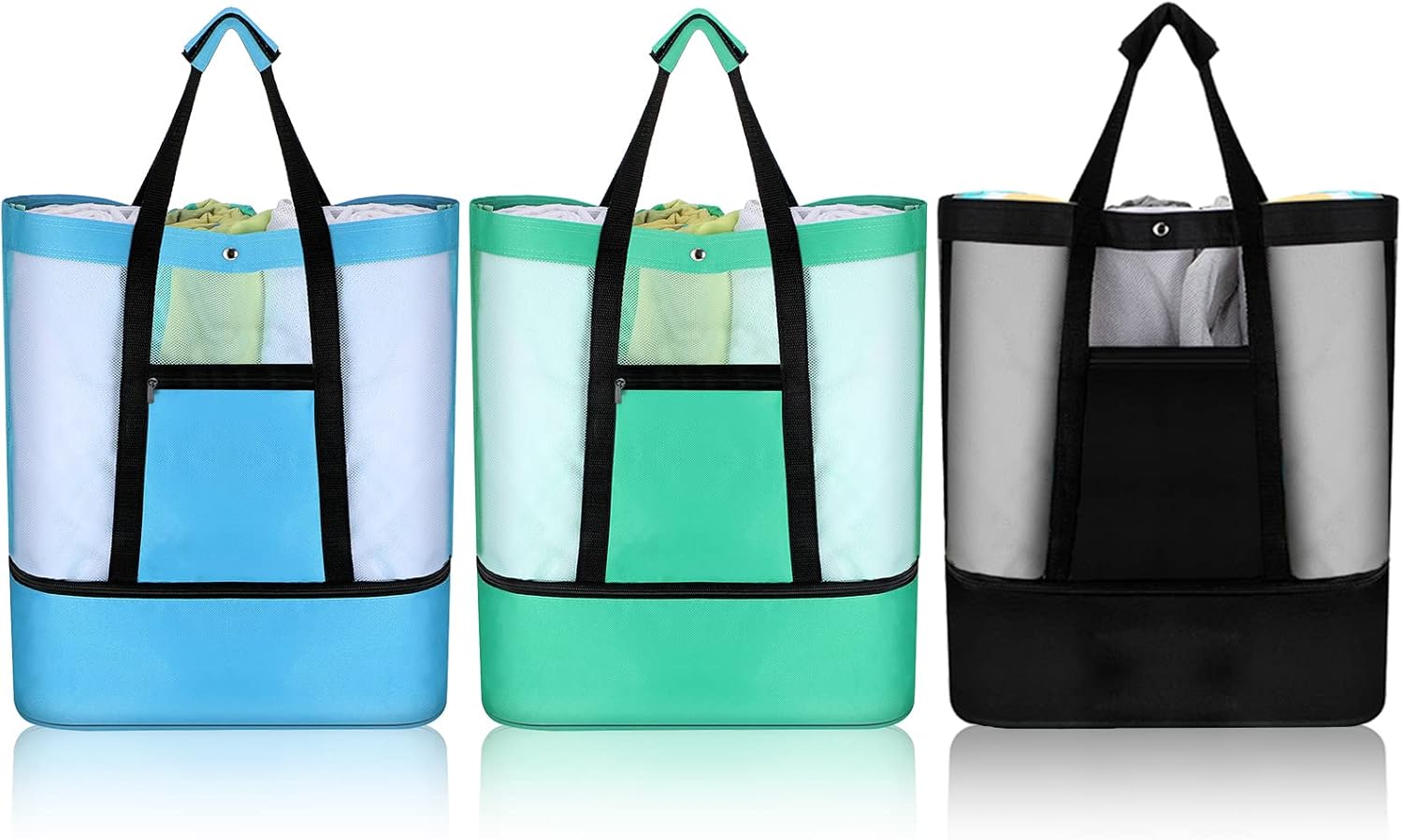 3 Pcs Beach Bag with Cooler Mesh Beach Tote with Insulated Cooler and Pocket Waterproof Sandproof Beach Tote Bag Swim Pool Bag for Women Summer (Black, Blue and Green)