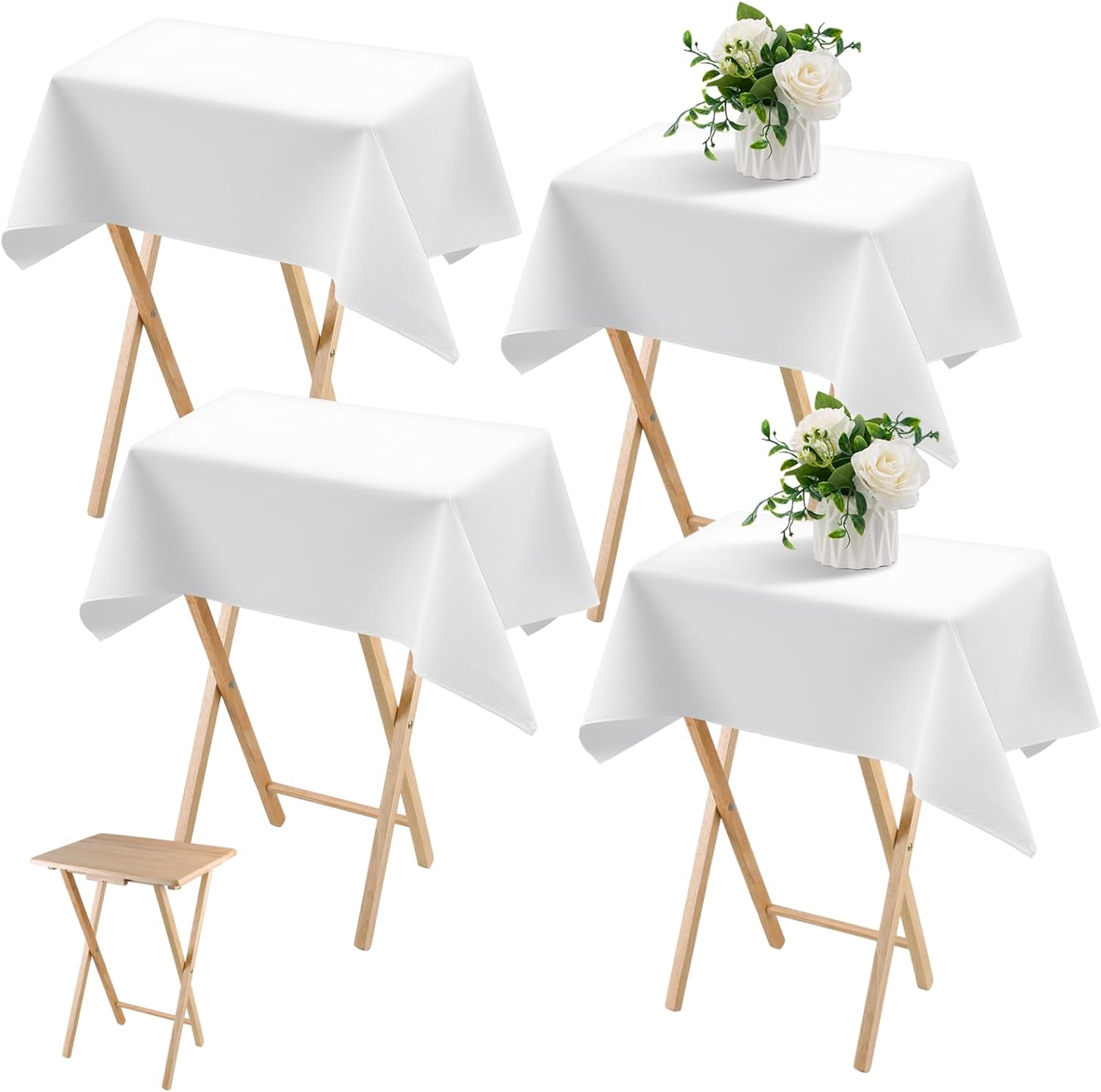 4 Pcs Small Tablecloth Washable Fabric Folding TV Tray Table Cloth Polyester Solid Color Nightstand Cover for Bedside Table Side Outdoor Indoor(White, 24 x 36 Inch, Classic Edge)