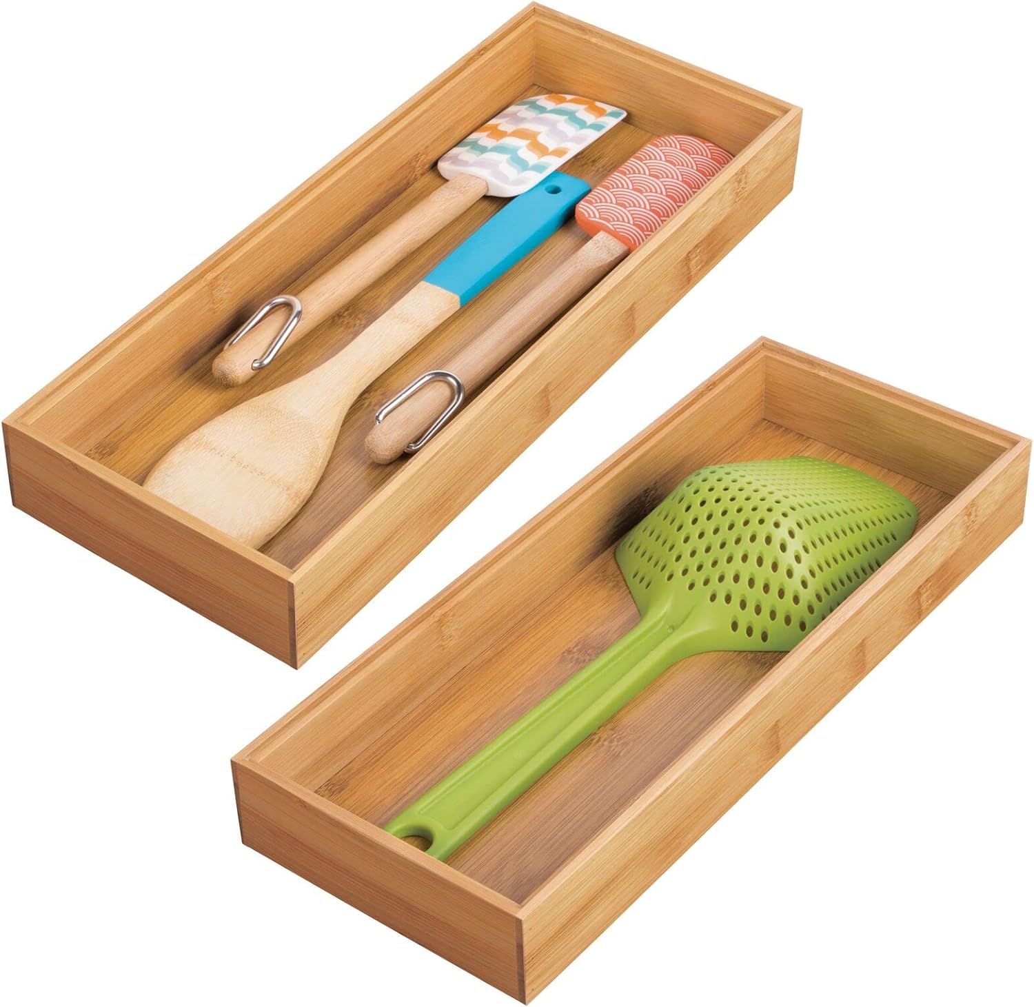 Wooden Bamboo Drawer Organizer - 15" Long Stackable Storage Box Tray for Kitchen Drawers/Cabinet - Utensil, Silverware, Spatula, and Flatware Holder - Echo Collection - 2 Pack, Natural Wood