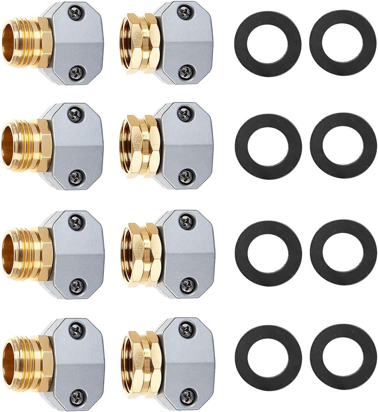 (4 Sets) Garden Hose Repair Connector Fitting, Aluminum Female and Male With Zinc Clamp Water Hose End Repair Connector Fit 3/4 Inch or 5/8 Inch Garden Hose