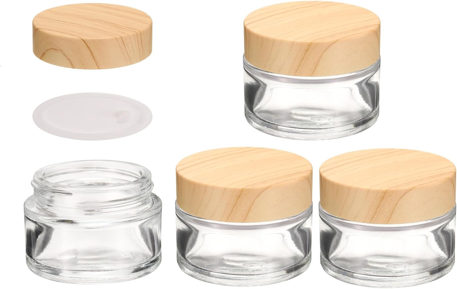 1 Set Round Glass Jars with Wood Lids, 1oz/30g Refillable Cosmetic Containers Glass Makeup Containers for Sample, Cream, Lotion, Powder Clear