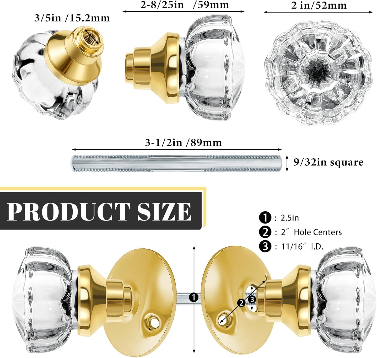 Amylove 1 Set Glass Door Knobs Antique Crystal Door Knobs Vintage Mortise Style Fluted Replacement Kit with 2-1/2 in Satin Brass Privacy for Bedroom Bathroom(Gold)