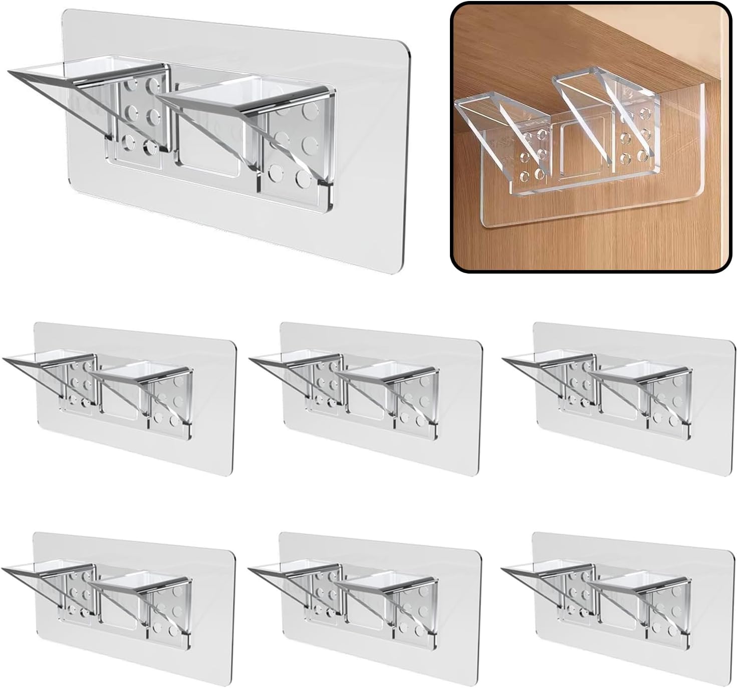 6-Pack Heavy-Duty Adhesive Shelf Brackets, Large Size Double Row Brackets, No-Drill Wall Mount Pegs,Shelf Support Pegs for Kitchen Cabinets, Bookshelves, and Closets
