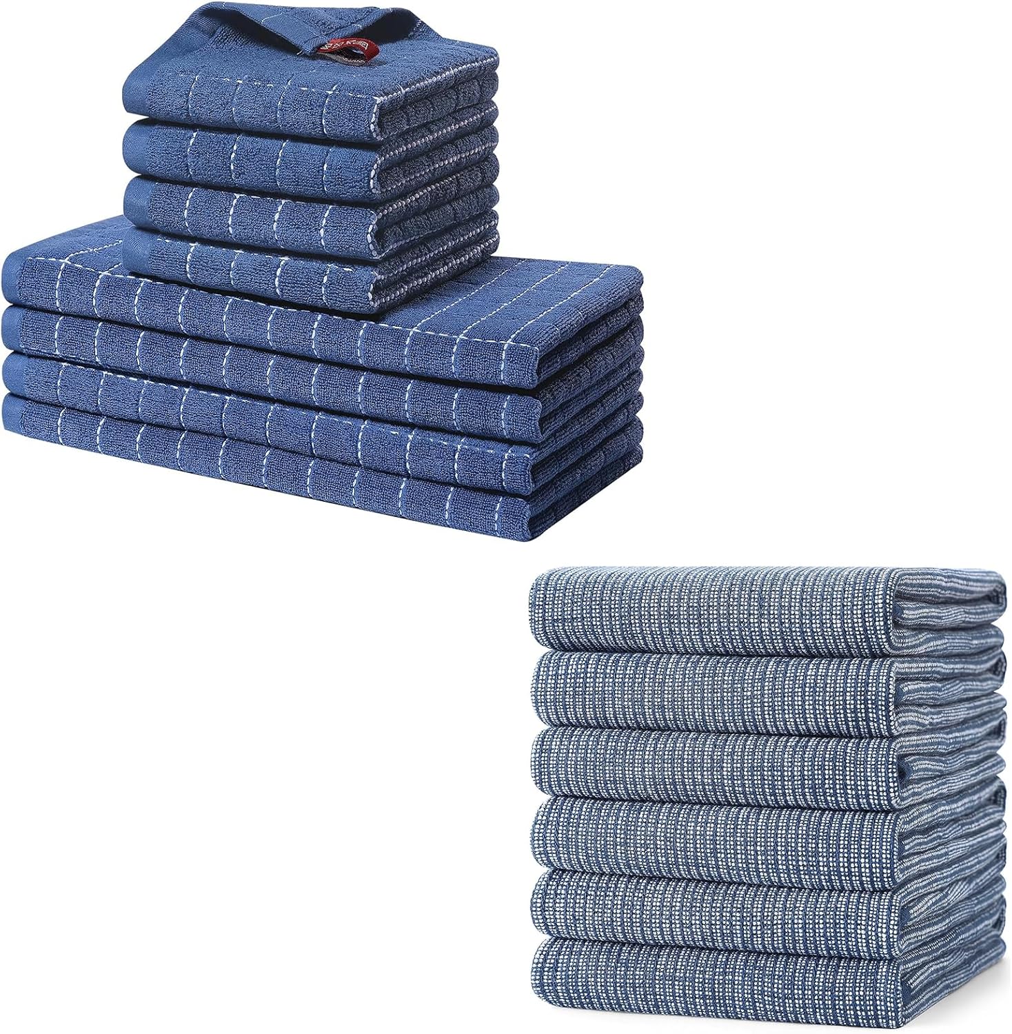 Homaxy Set of 8 Bulk Cotton Terry Kitchen Towels Set, 12 x 12 and 13 x 28 Inches, Checkered Designed and Large Cotton Kitchen Hand Towels(18”x 28”, 6 Pack), Flat and Terry Dish Towels