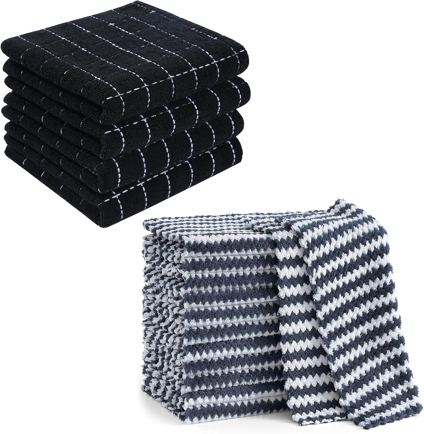 Homaxy 100% Cotton Terry Kitchen Towels(Black, 13 x 28 inches,4 Pack) and Wavy Coral Velvet Kitchen Dish Cloths(Dark Grey, 10 x 10 inches, 12 Pack),Soft and Super Absorbent Dish Towels