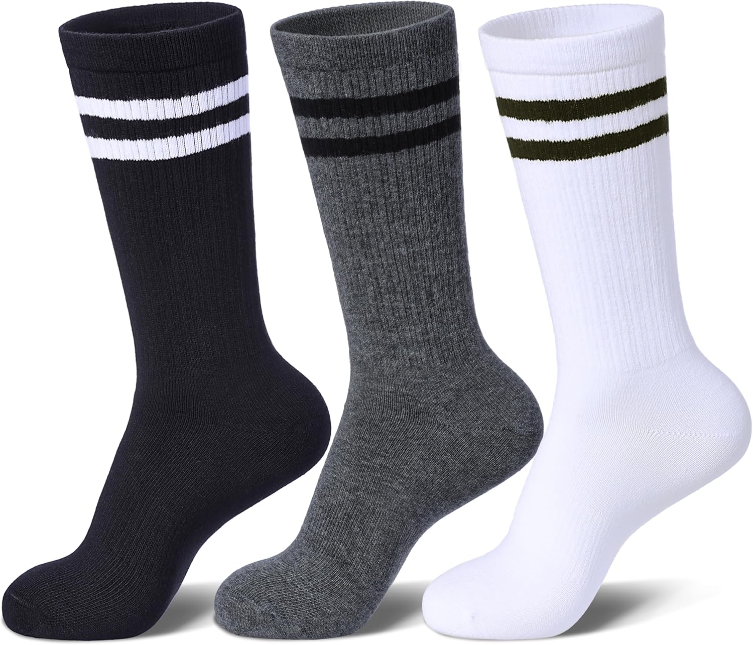 Womens Striped Socks Cotton Athletic Running Chioned Calf Socks Casual School Style 3 Pairs
