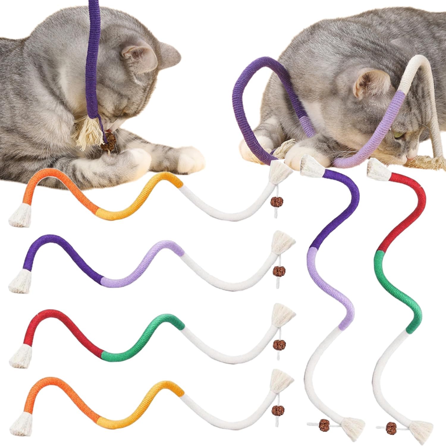 6Pcs Rope Cat Chew Toys, Multi-Color Interactive Cat Toy for 28 Inches, Safe Teeth Cleaning Toy for All Breeds (Style A)