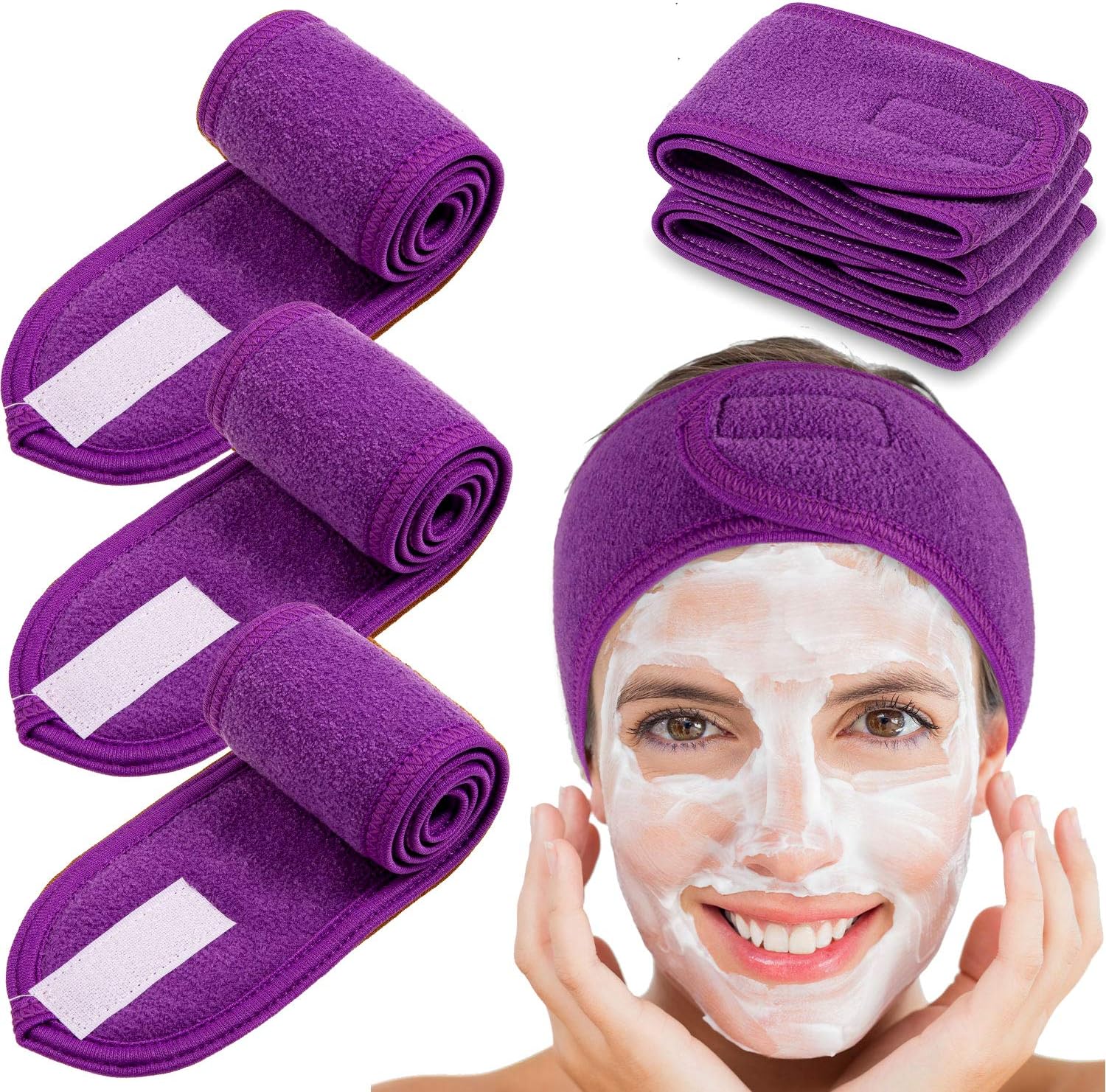 Spa Facial Headband 4 Packs Head Wrap Terry Cloth Headband Adjustable Stretch Towel for Bath, Makeup and Sport (Purple)
