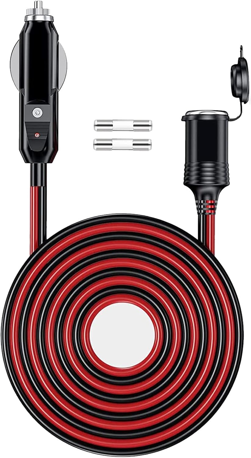 12V/24V 16AWG Heavy Duty Cigarette Lighter Extension Cable 13FT, 156W/15A Male Plug to Female Socket Adapter Extension Cord with LED Lights (Built-in 15A Fuse & 2 * 15A Spare Fuse)