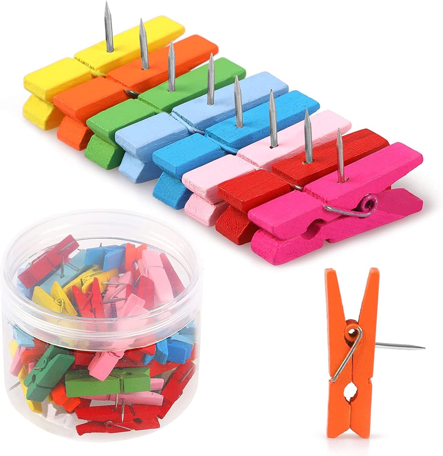 50 PCS Colorful Push Pin with Wooden Clips, Durable, Decorative Pushpins Tacks Thumbtacks for Cork Board Artworks Notes Photos, Craft Projects, Offices and Homes (8 Colors) -