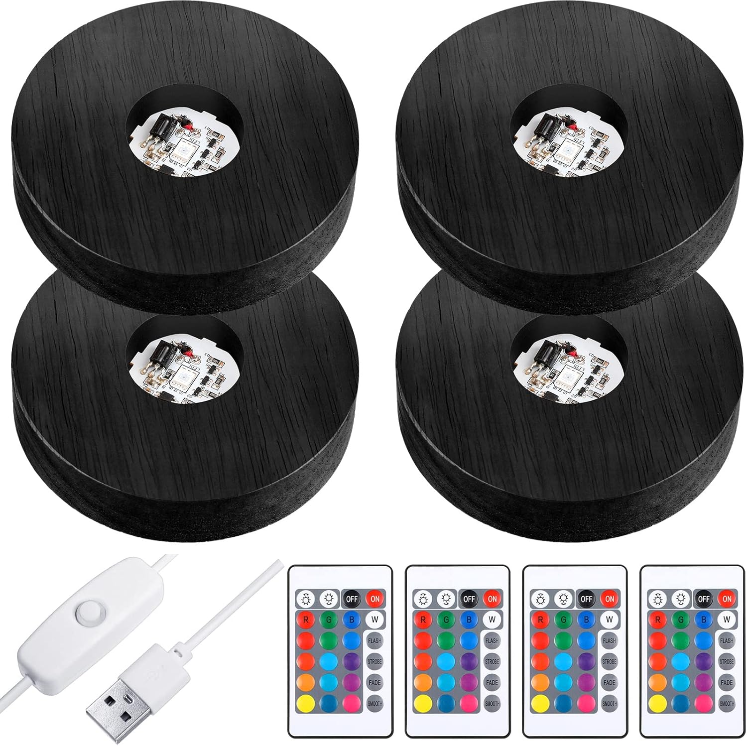 4 Pieces Wood LED Display Light Base Crystal Stand Remote Control Round 16 Lighting Modes Wooden Lighted Holder Colorful Pedestal for Glass Resin Ball(Black) black -