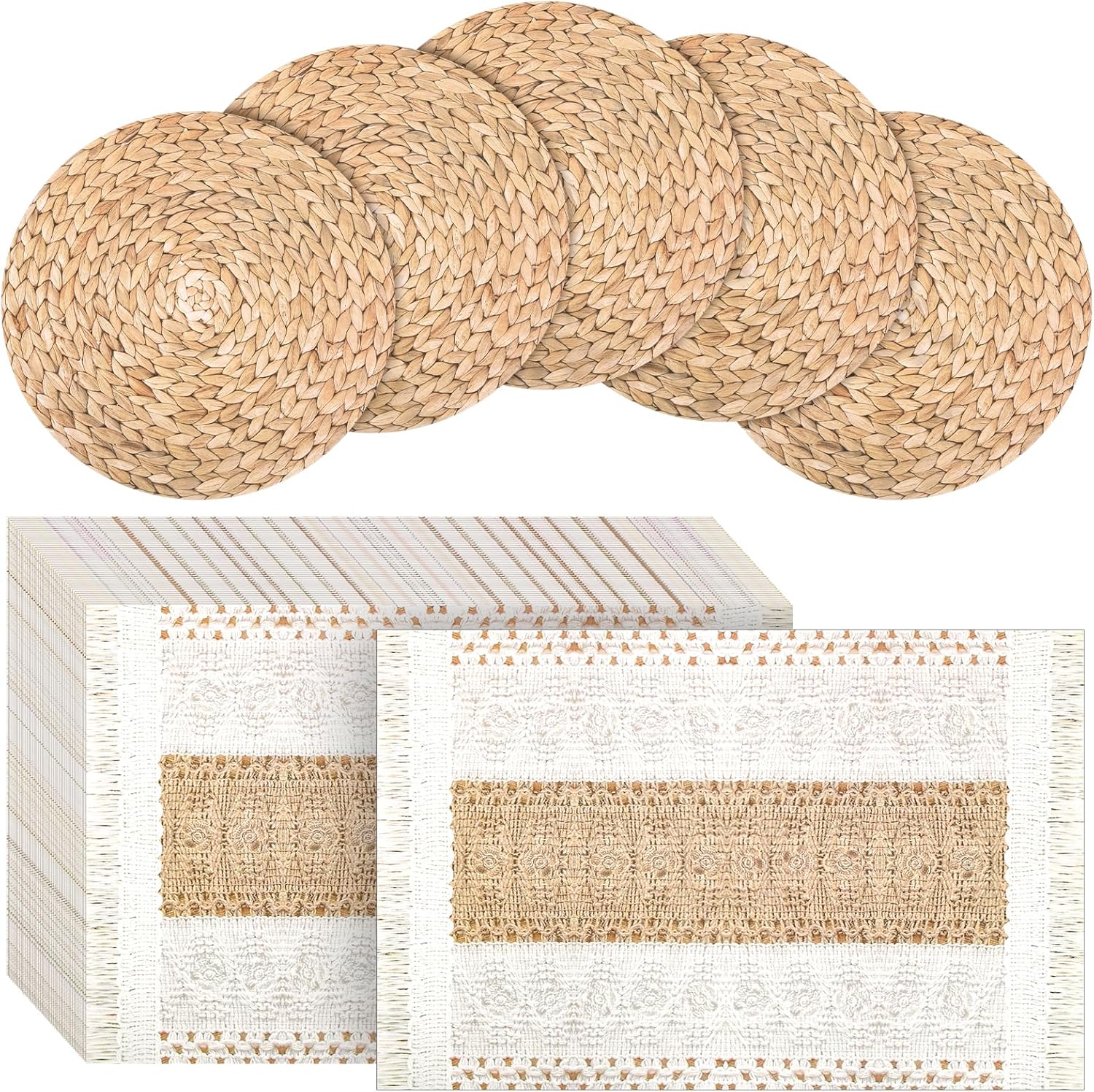 100 Pcs Boho Disposable Paper Placemats Set Round Braided Rattan Woven Place and Rectangle Burlap Printed Farmhouse Table Mats for Kitchen -
