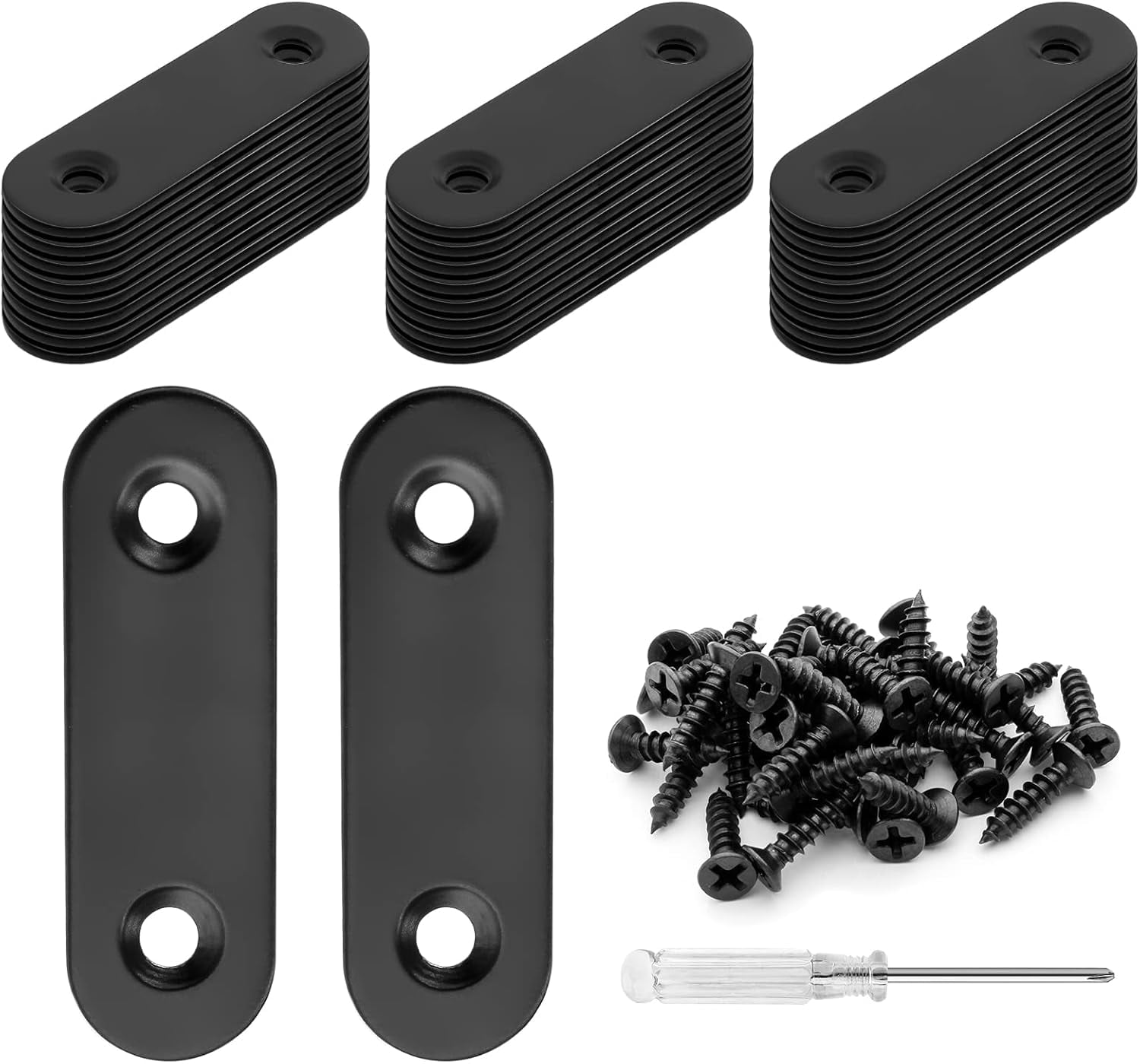 Biaungdo 20 Sets 2" Stainless Steel Flat Plate Straight Bracket, Black Metal Corner Brace Brackets Mending Repair Plate Brace with Screws & Screwdriver for Wood(50mm x 16mm x 2mm)