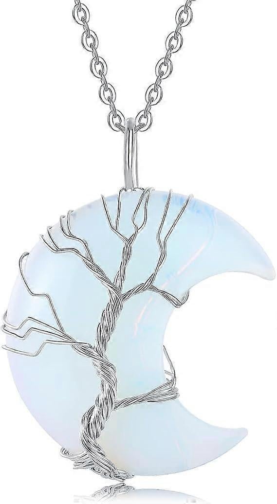 Tree of Life Wire Wrapped Crescent Moon Pendant Necklace Reiki Healing Crystal Stone Necklaces Natural Gemstone Quartz Jewelry for Women