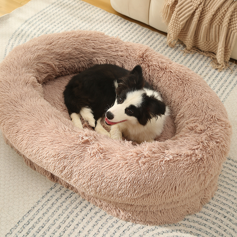 Fluffy Donut-Shaped Pet Bed- Soft, Cozy, and Anti-Anxiety for Dogs and Cats, Machine Washable Beige Brown Size:M 75*55*18cm