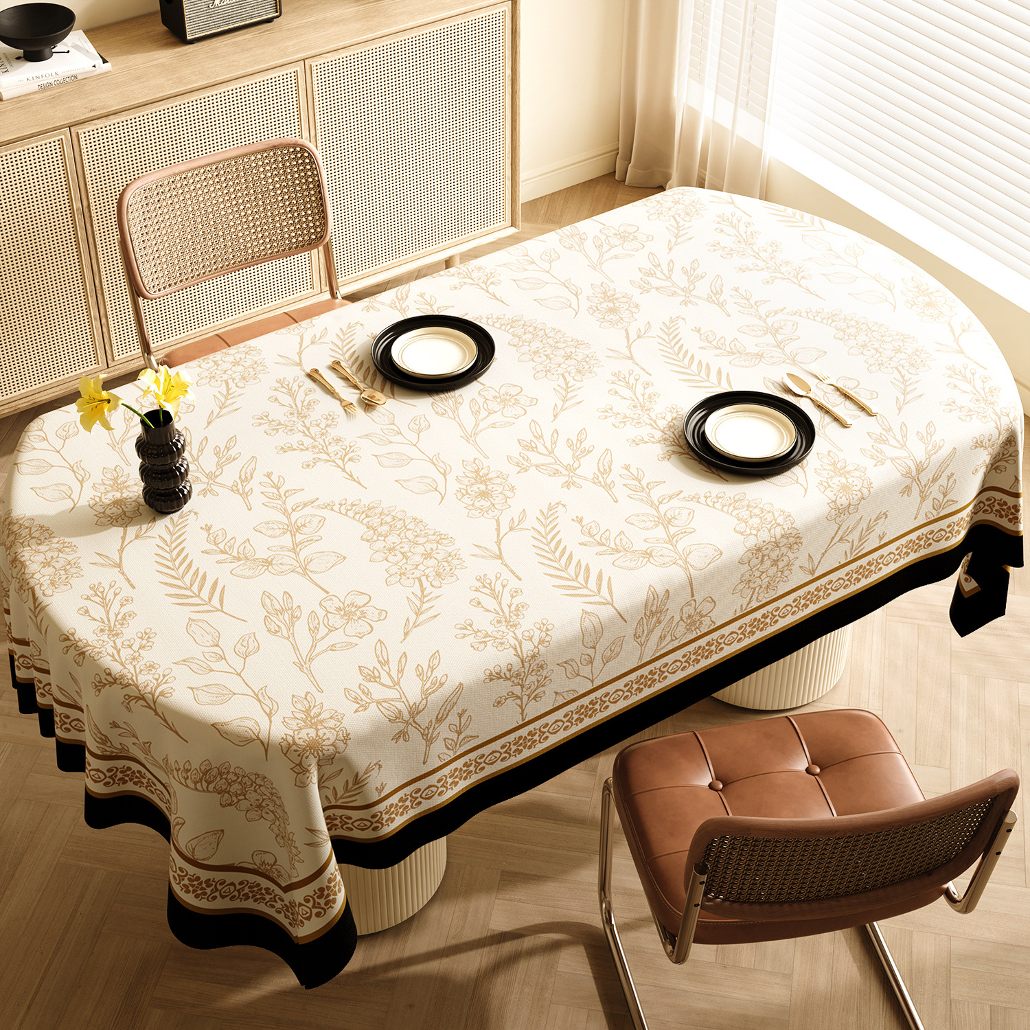 Style A Black and Beige Premium PVC Tablecloth - Oil & Water Resistant Table Cover for Dining Tables (120 x 180 cm)