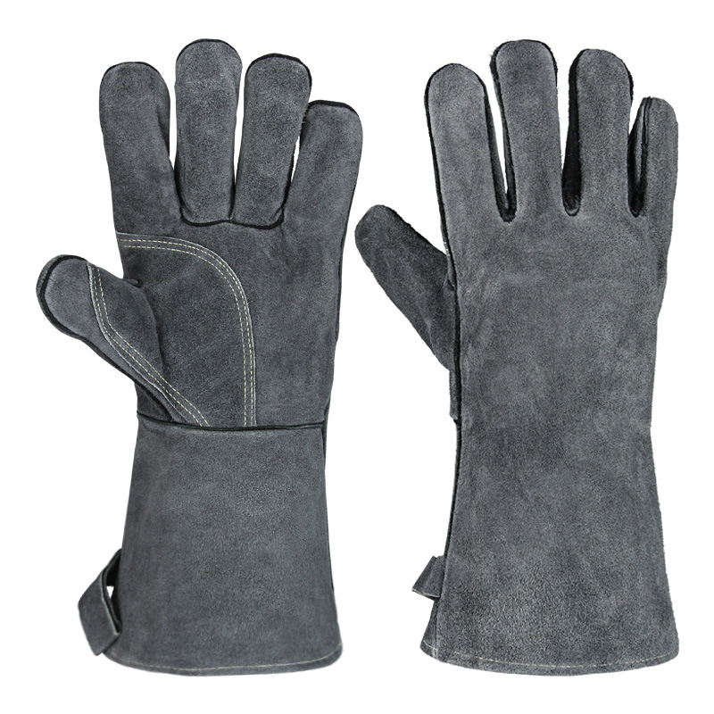 Grey 14-Inch Premium Leather BBQ Gloves - Heat-Resistant Up to 500 Degree