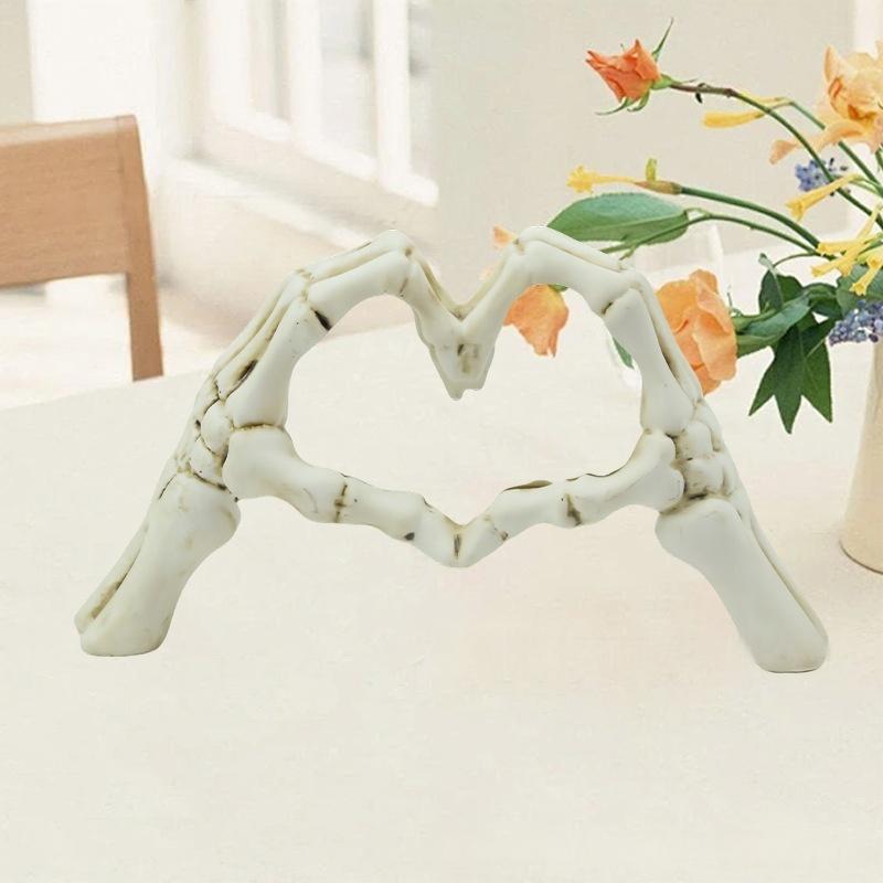 White Gothic Skeleton Hands Heart Sculpture - Macabre Love Figurine for Home & Halloween Decor