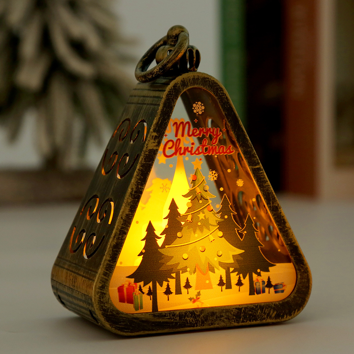 Bronze color Christmas tree Charming Christmas Scene Mini Lanterns (Set of 3) - Battery Operated LED Lights for a Cozy Holiday Glow