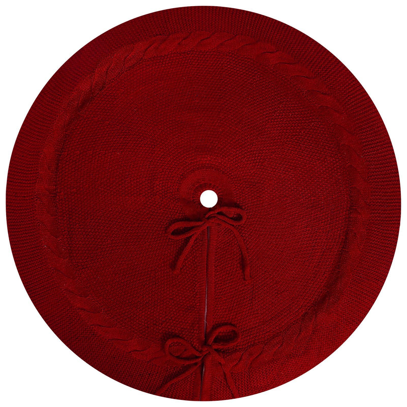 Red Luxury Knit Christmas Tree Skirt with Cable-Knit Border - Rustic Holiday Decor(62cm)