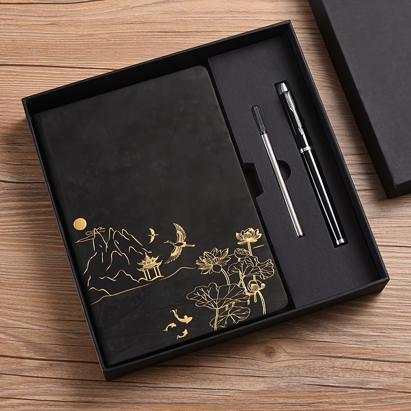 Black A5 Premium Notebook Gift Set with Pen - PU Leather Journal with Gold Oriental Art - 200 Pages Business Diary & Corporate Gift Box (Lotus & Crane Design)