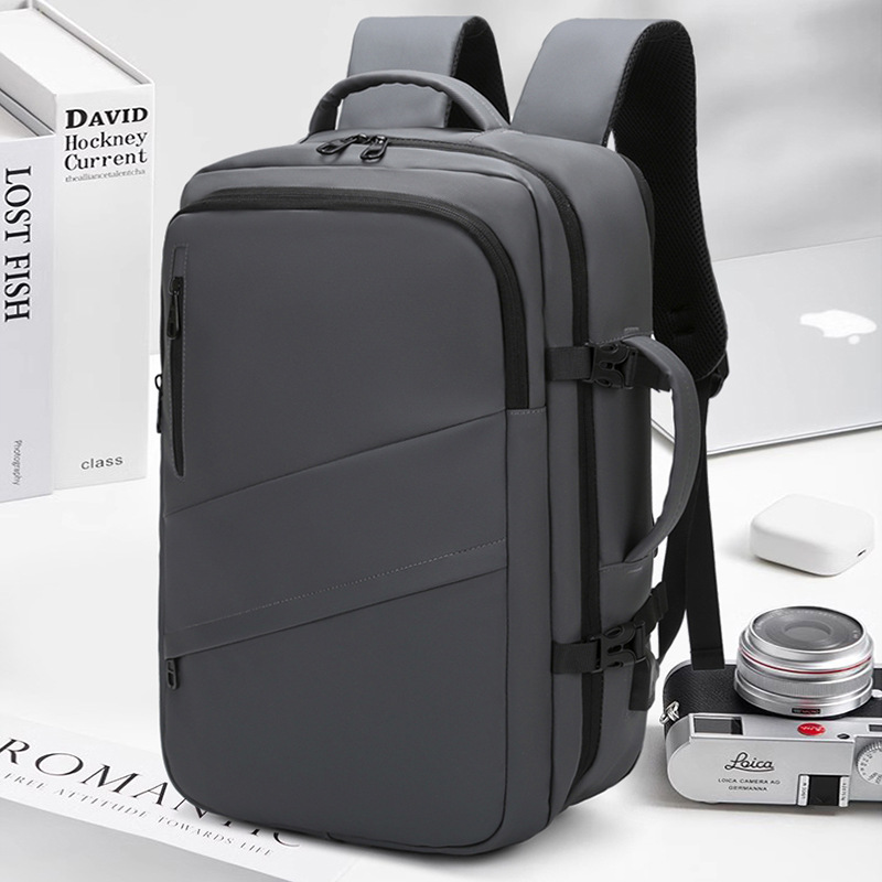 Grey Premium Business Expandable Travel Backpack with External USB Charging - 20-35L Large-Capacity & Waterproof Commuter Daypack