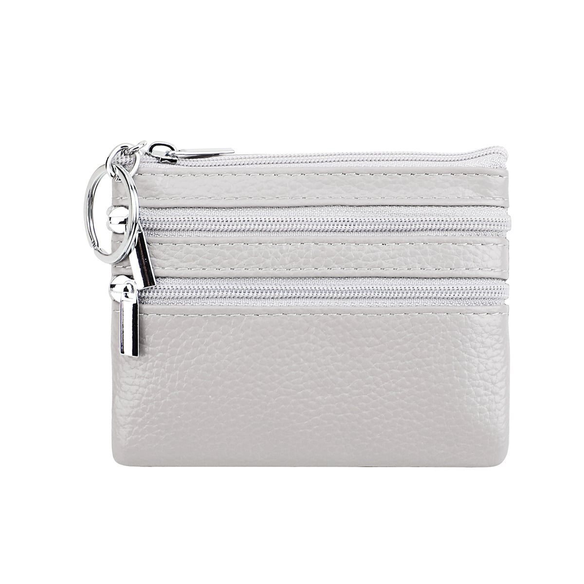 Genuine Leather Coin Purse Mini Wallet with Triple Zipper Pockets Key Ring Holder Pouch for Cash & Cards - Medium Gray