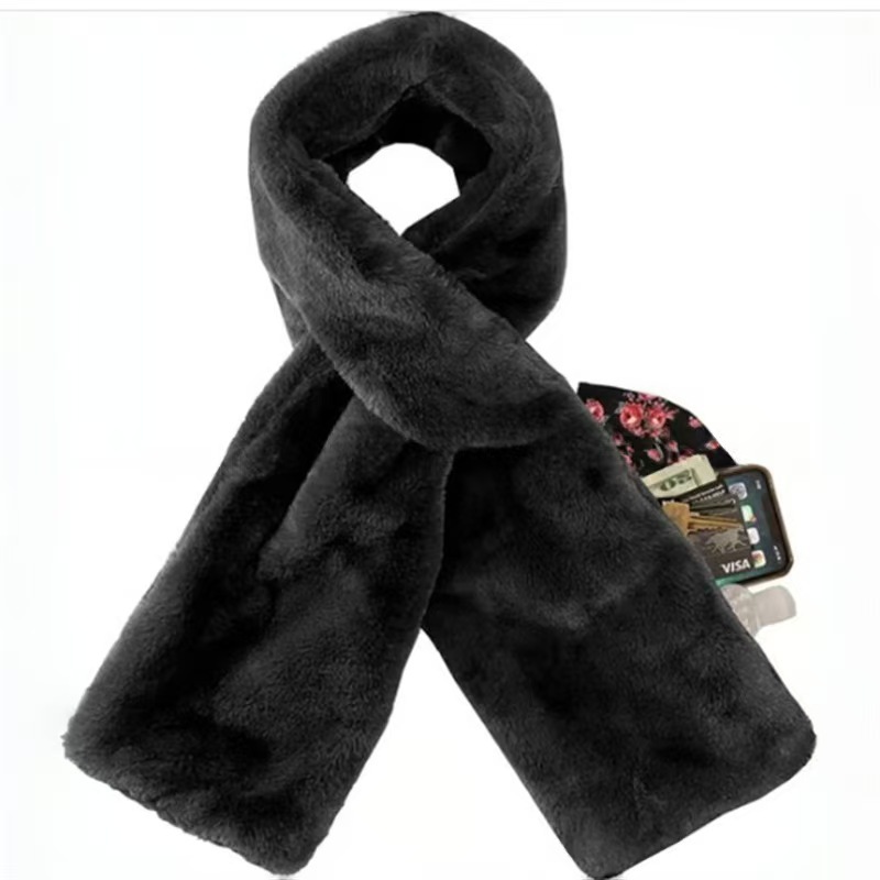 Black Soft Faux Fur Scarf with 15x20CM Hidden Zipper Pocket - Anti-Theft Travel Scarf for Phone, Passport and Essentials