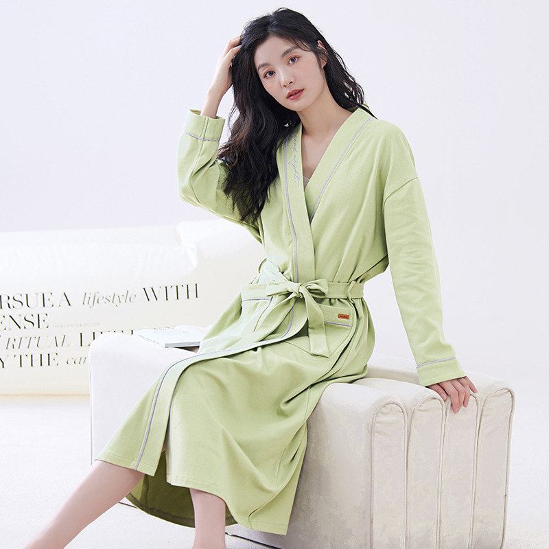 Green L size Women's Cotton Robe — Autumn/Winter Bathrobe & Morning Gown | Long Sleeve, Mid-Length, Plus Size | Loose, Comfortable, and Machine Washable | Suitable for All Seasons