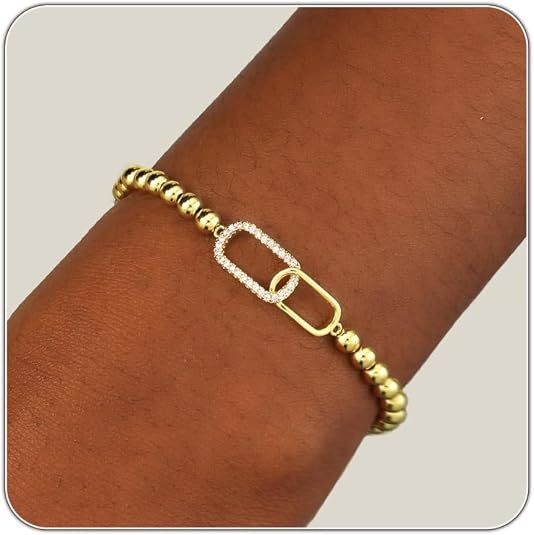 Women's Gold Bracelet 14K Gold Plated Beaded Bracelet Gold Stretch Beaded Bracelet Handmade Ball Bracelet Exquisite Gold Jewelry Gift