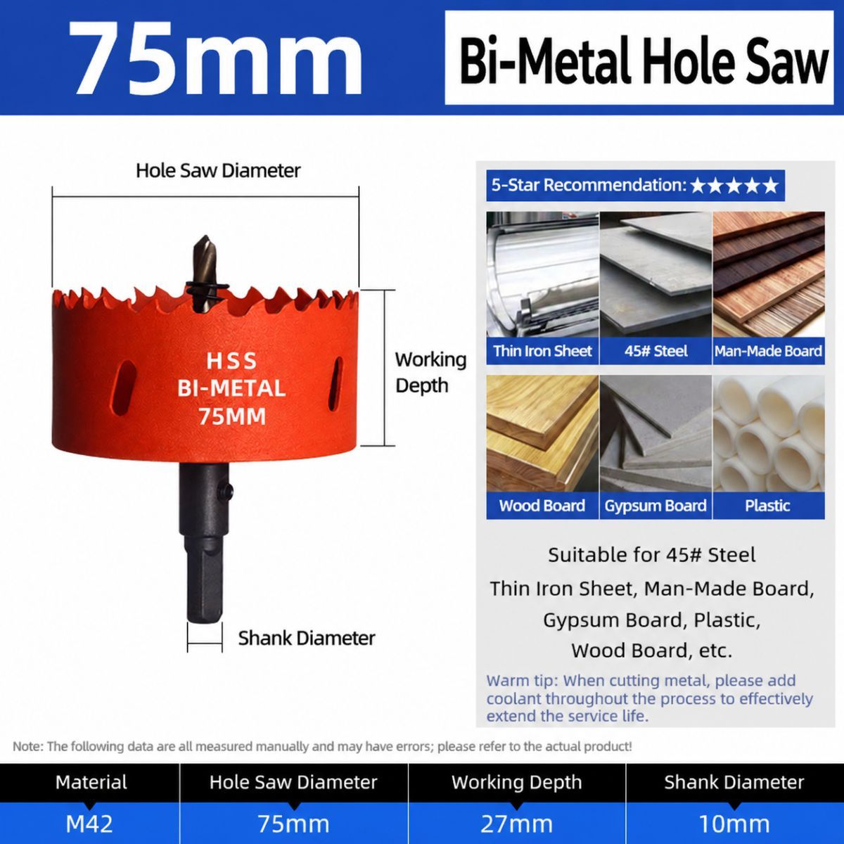 75mm Bi-Metal M42 High Speed Steel Hole Saw | with Pilot Drill Bit, Smooth Cutting Edge for PVC, Drywall, Wood, Plastic, Gypsum Board, Rubber, Thin Metal