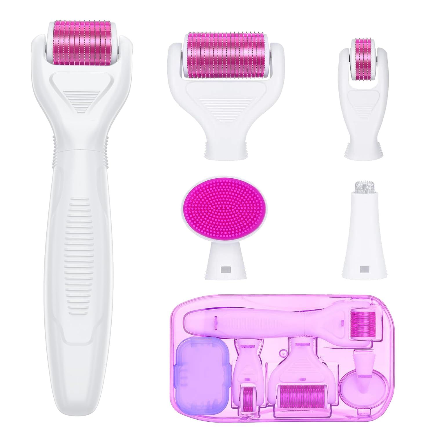 6-in-1 Stainless Steel Derma Roller Kit with 4 Interchangeable Heads, Ergonomic Handle, Clear Storage Case, Easy Assembly Design, For Facial & Body Skincare Routine Use (White)