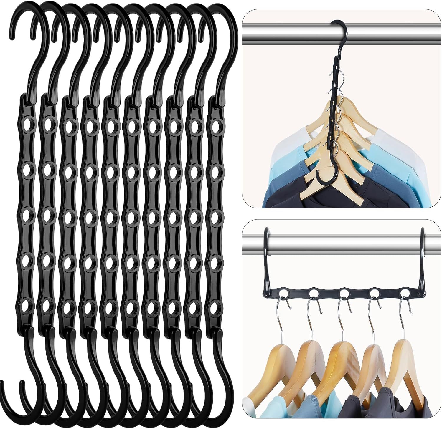10-Pack Black Space-Saving Hanger Connectors—5-Slot Design for Vertical & Horizontal Use—Organize Shirts, Sweaters, Jackets—Compact Closet Organizer for Apartments, Dorms, Small Spaces (Black)