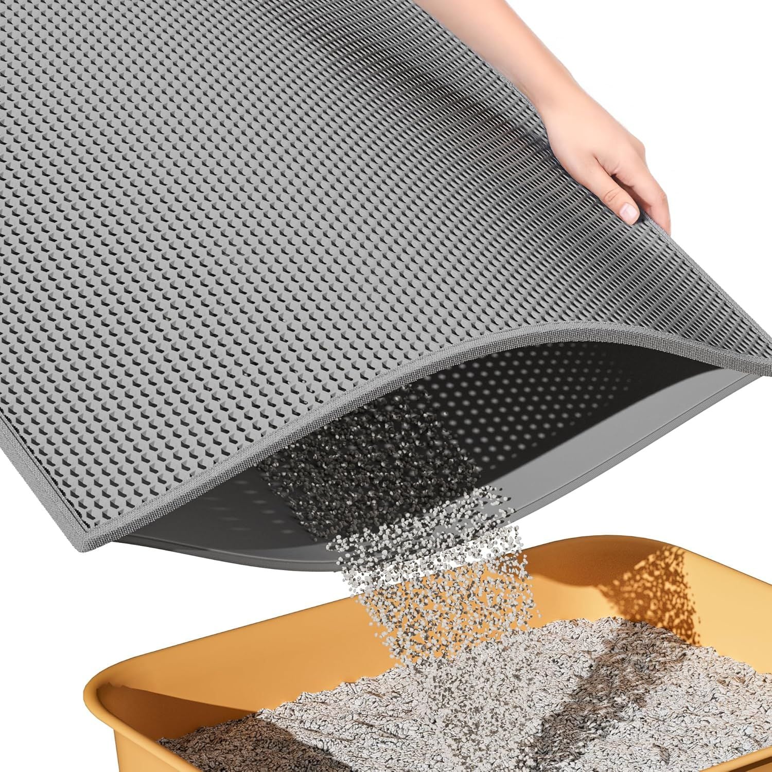 Double-Layer EVA Cat Litter Mat for Litter Box, Honeycomb Design Traps Scattered Sand, Waterproof & Non-Slip Floor Protector, Easy to Clean & Reuse (Grey)