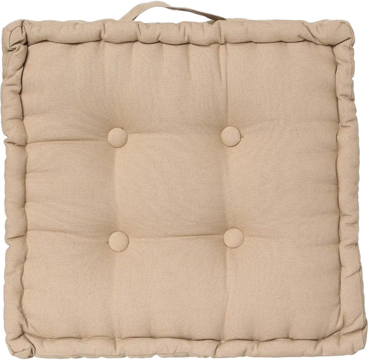 Beige Tufted Cotton Floor Cushion with Handle, Extra Thick, 38.5 x 38.5 x 8 cm